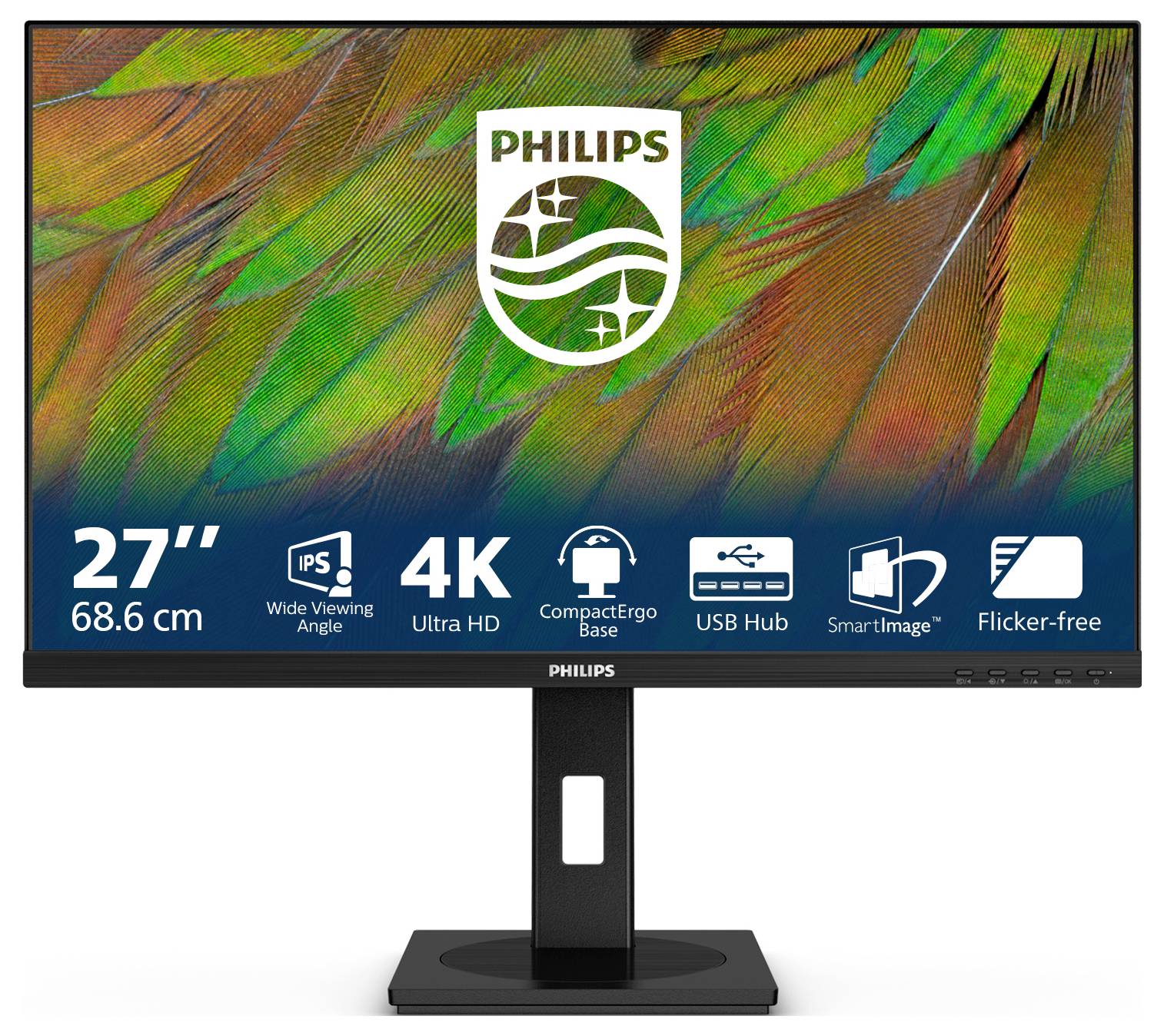 Monitor „Philips" s úhlopříčkou 27", rozlišením 4K, technologií IPS, ergonomickou základnou a USB hubem, na barevném peřovém pozadí.