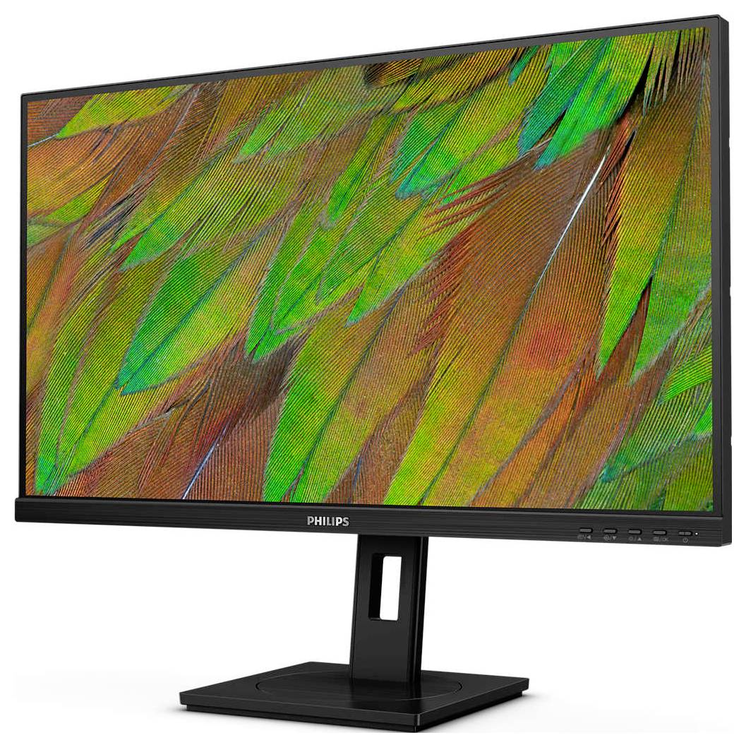 Monitor s živým, barevným peřovým designem na obrazovce, zobrazující zelené a oranžové tóny.