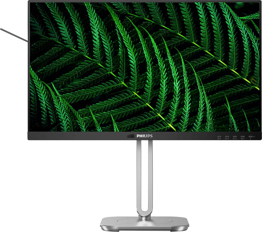 Philips monitor s zelenou kapradinovou grafikou na displeji. Tenký rámeček, štíhlý kovový stojan.