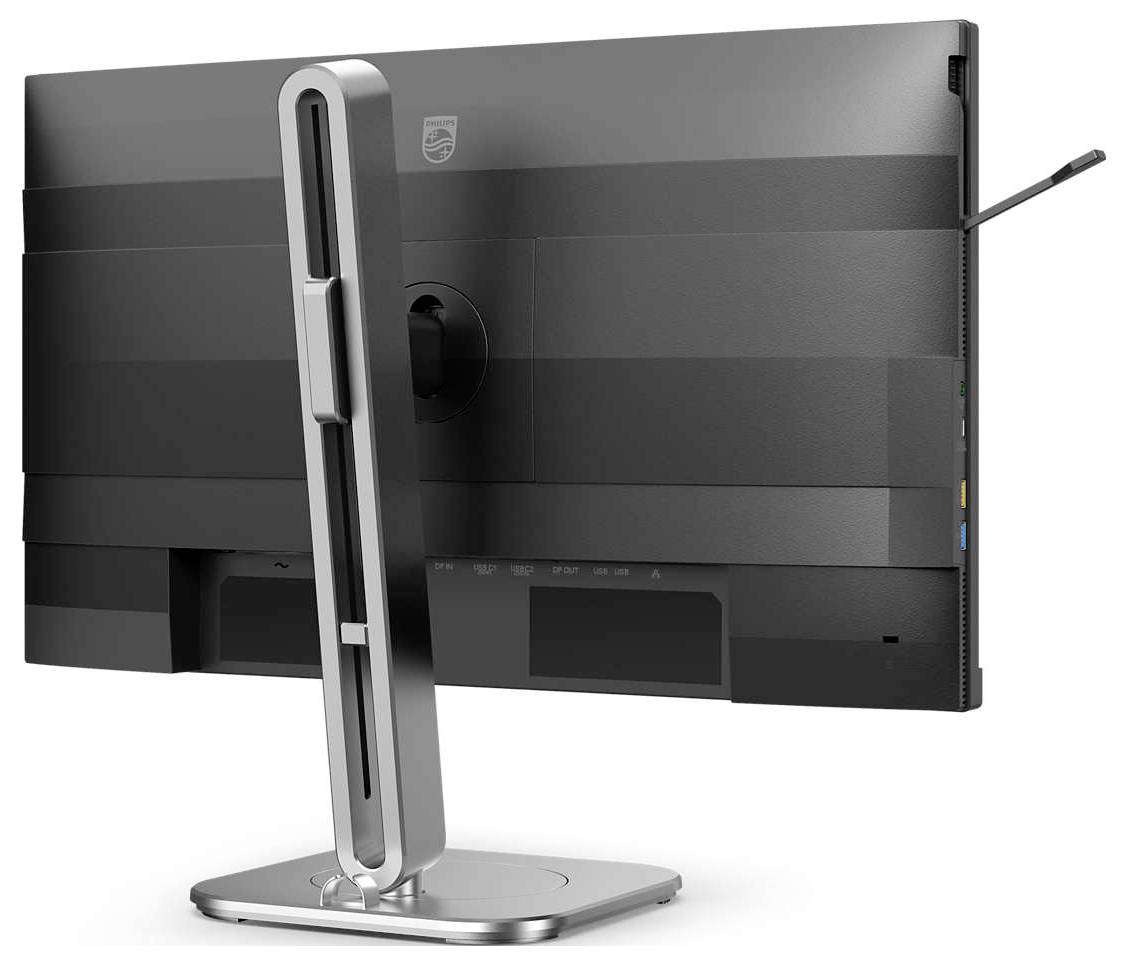 Monitor z pohledu zezadu s elegantním nastavitelným stojanem. Koncipován v moderním designu.
