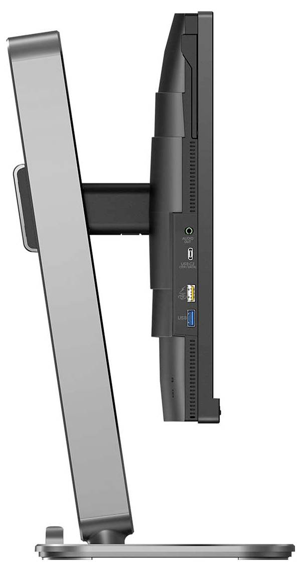 Boční pohled na plochý počítačový monitor na otočném stojanu, zobrazující přípojky pro audiokabl a USB.