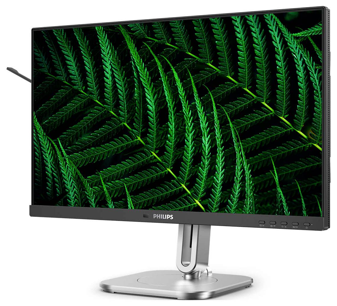 Počítačový monitor s motivem zeleného kapradí na obrazovce. Monitor má stříbrný stojan a tenké okraje.