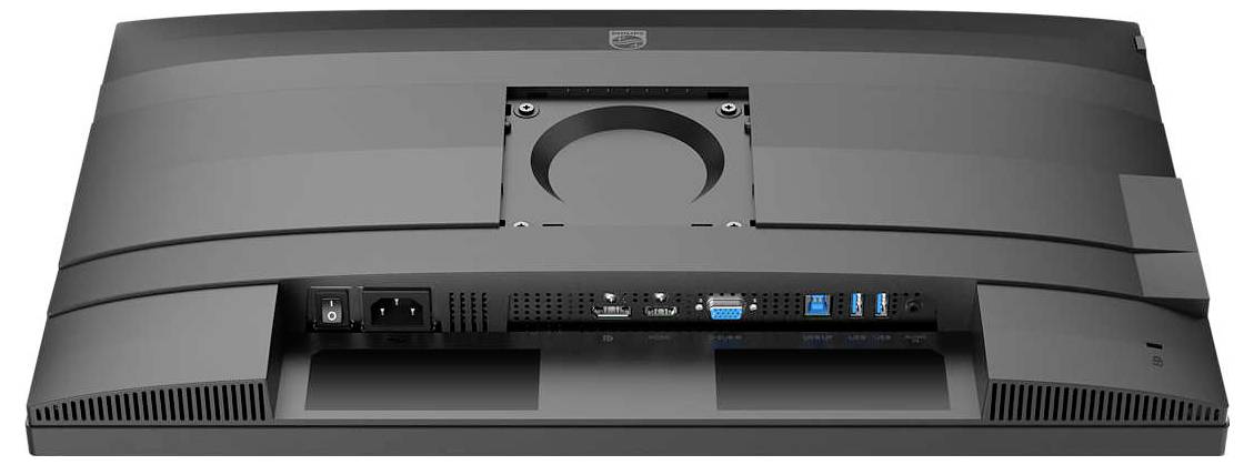 Zadní strana počítačového monitoru s viditelnými připojovacími možnostmi: napájecí konektor, HDMI, DisplayPort, USB porty.