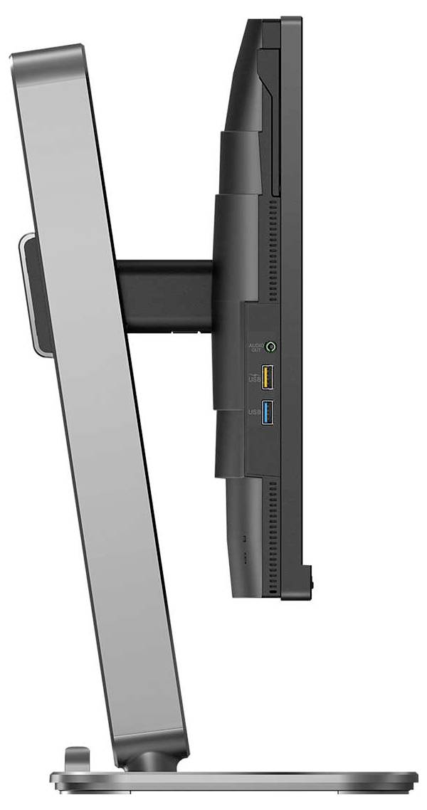 Boční pohled na monitor umístěný na stříbrném stojanu, zobrazující konektory na boku.