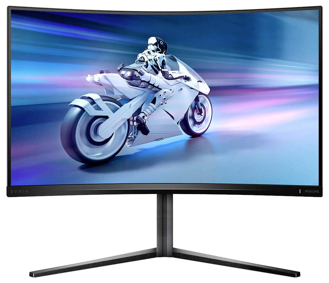 Futuristický motocykl s jezdcem v bílém obleku rychle projíždí modro-růžovou scenérií na zakřiveném displeji.