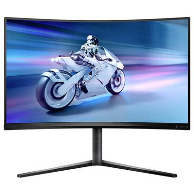 Futuristický motocykl s jezdcem v bílém obleku rychle projíždí modro-růžovou scenérií na zakřiveném displeji.