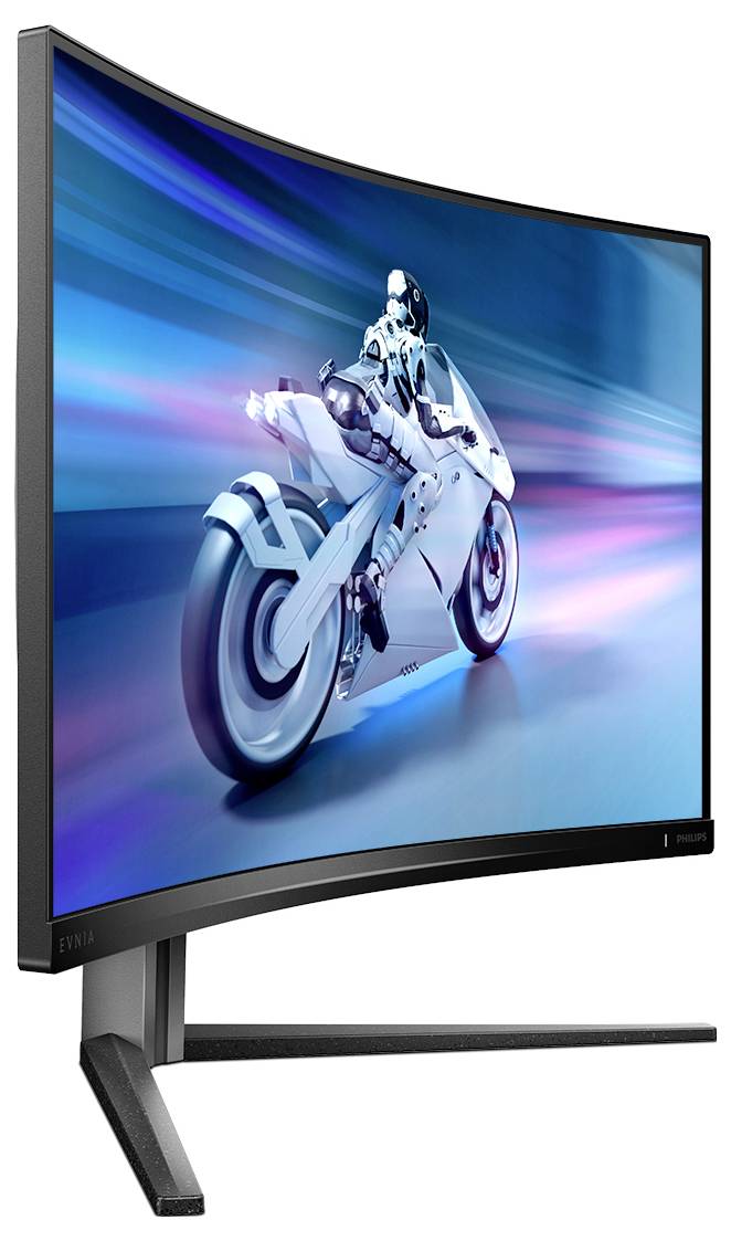 Zakřivený monitor zobrazuje futuristickou motorku s jezdcem v pohybu na neonově osvětlené silnici.