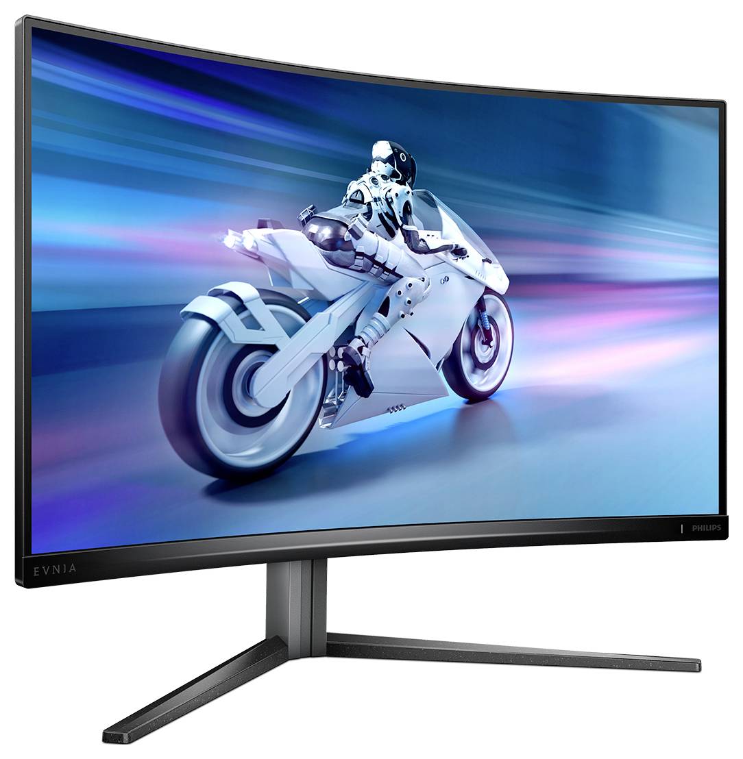 Futuristický motocykl s jezdcem v technickém vybavení rychle projíždí digitální krajinou na zakřiveném monitoru.