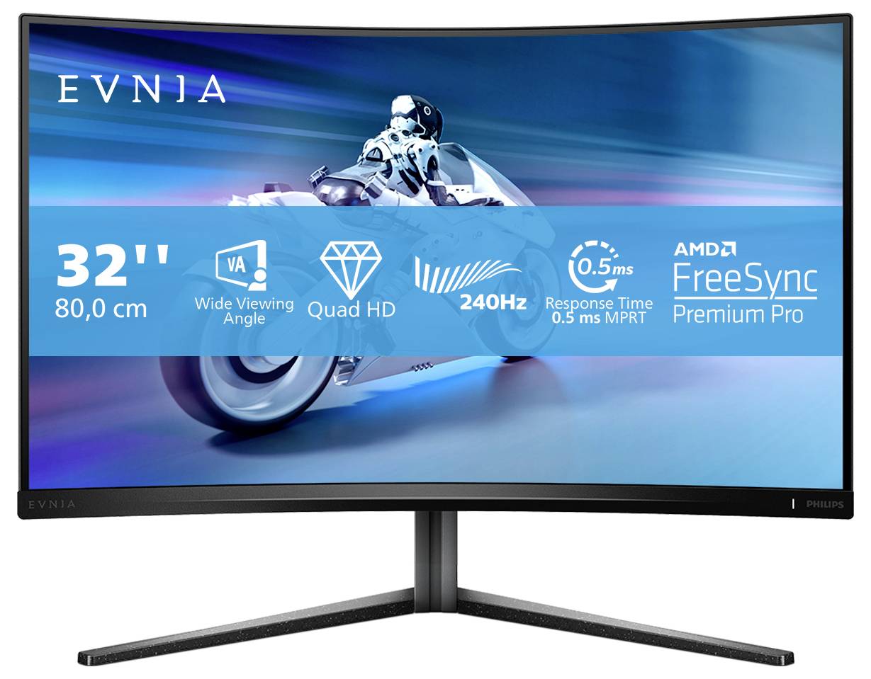 Zakřivený 32palcový monitor zobrazuje motocyklistu v pohybu. Obrazovka nabízí Quad HD rozlišení, obnovovací frekvenci 240 Hz, reakční dobu 0,5 ms a technologii AMD FreeSync.