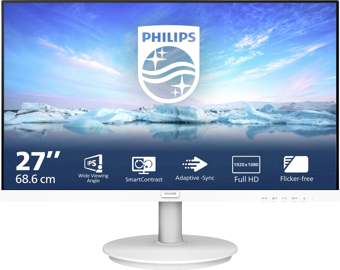 Počítačový monitor značky Philips zobrazuje krajinu z ledu a vody. Dole jsou symboly vlastností, jako je 27" velikost obrazovky a Full HD.