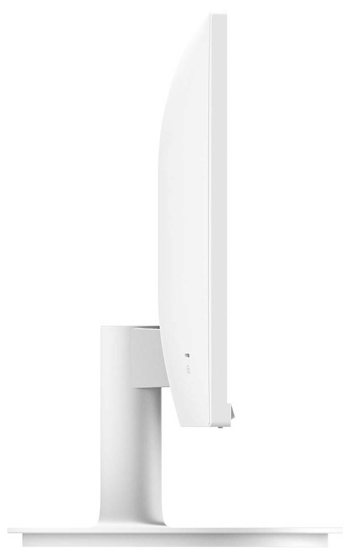 Bílý počítačový monitor z boku, zobrazující štíhlý, minimalistický design bez viditelných ovládacích prvků nebo kabelů.