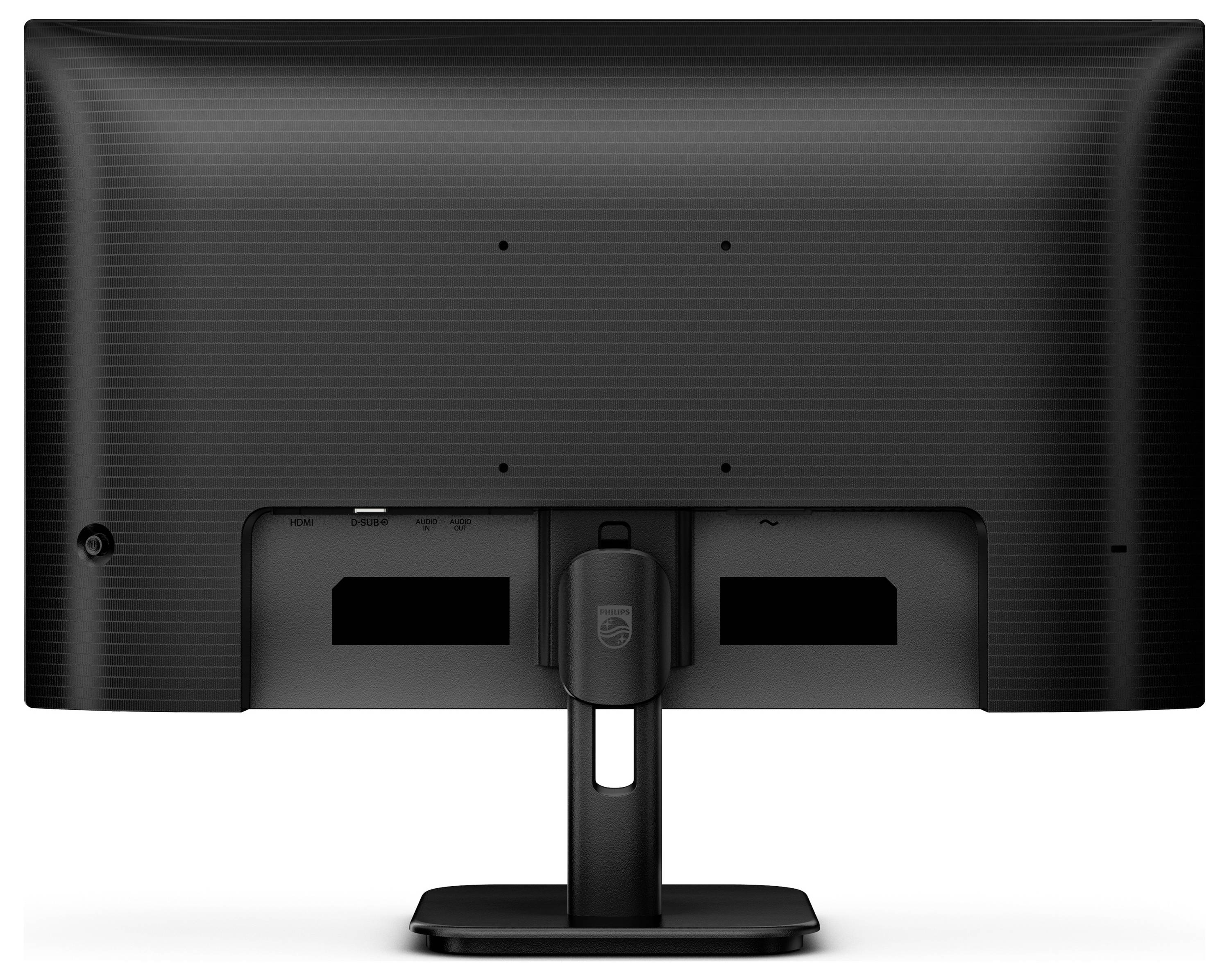 Pohled zezadu na černý počítačový monitor s moderním designem. Stojan je výškově nastavitelný a nabízí různé konektory.