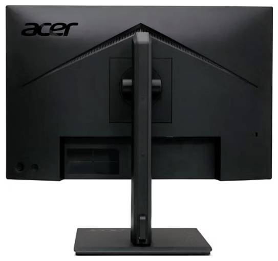 Černý monitor Acer pohledem zezadu, ve vertikální orientaci, s úzkým stojanem a minimalistickým designem.