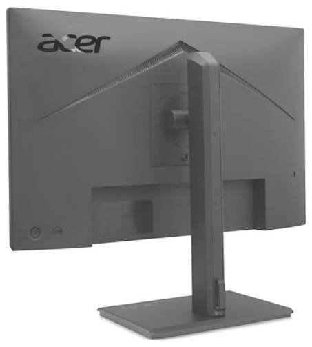 Pohled zezadu na monitor značky Acer. Monitor je umístěn na obdélníkovém stojanu bez viditelných kabelových připojení.