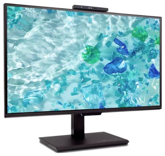 Plochý monitor zobrazuje obraz křišťálově čisté vody s modrými a zelenými skleněnými prvky. Monitor má webkameru umístěnou nahoře.