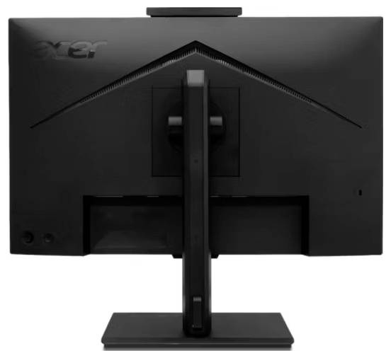 Černý počítačový monitor zezadu, upevněný na čtvercovém stojanu.