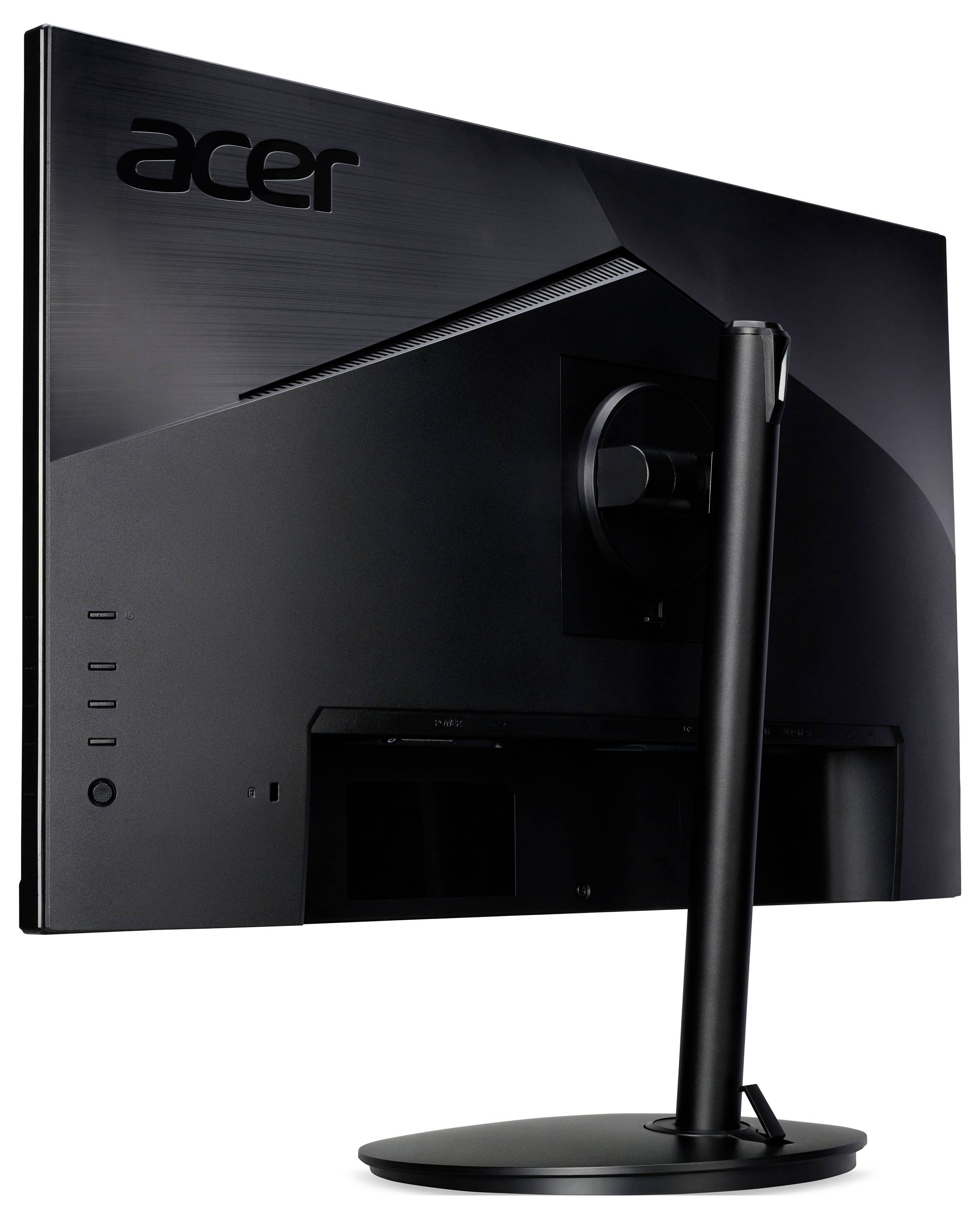 Pohled zezadu na černý monitor Acer s elegantním stojanem a viditelnými nastavovacími tlačítky po straně.