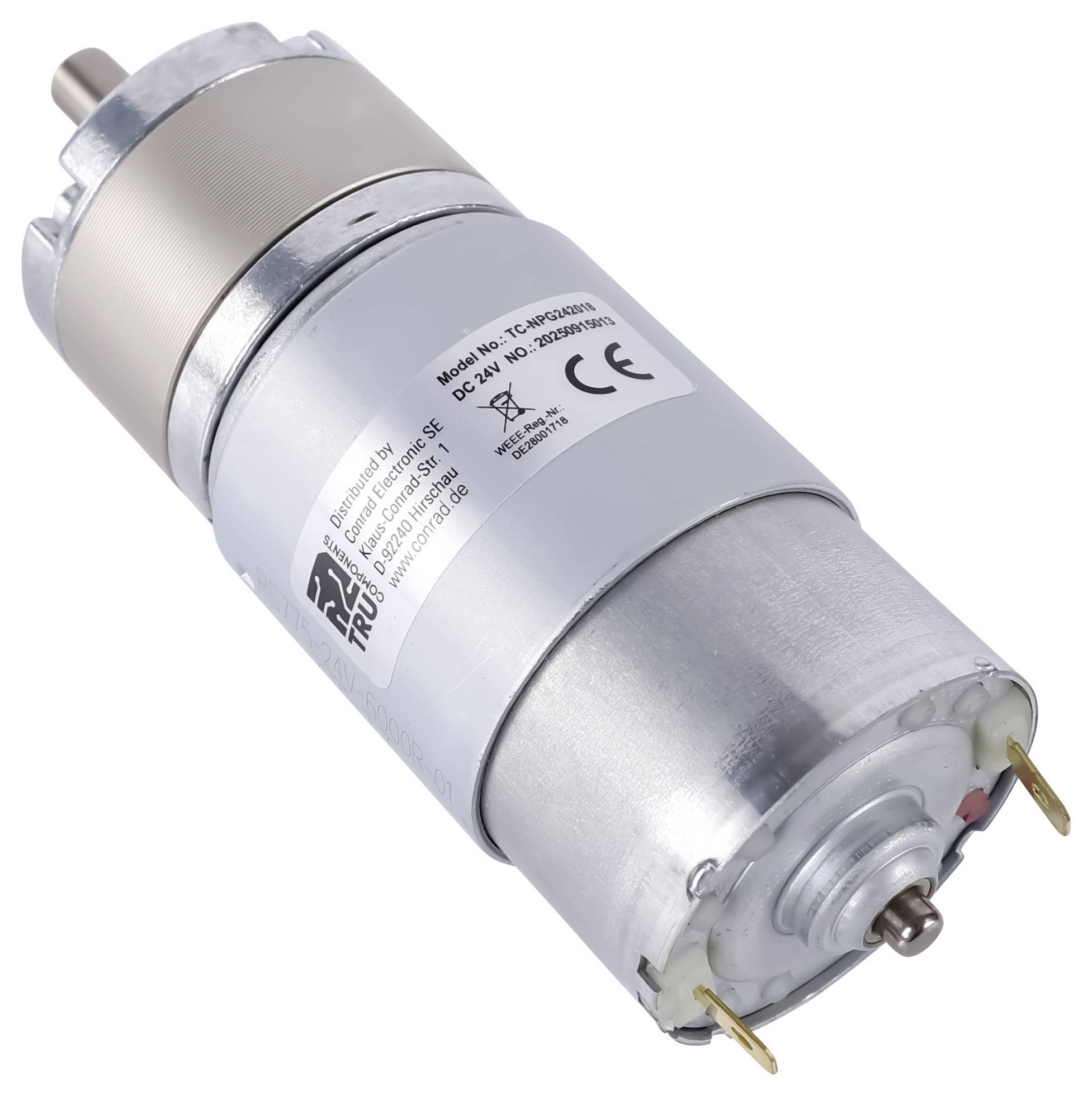 Válcový DC motor s kovovým krytem, označený štítkem 'Model č. TCL0020008N' s certifikací CE, pohled z úhlu.
