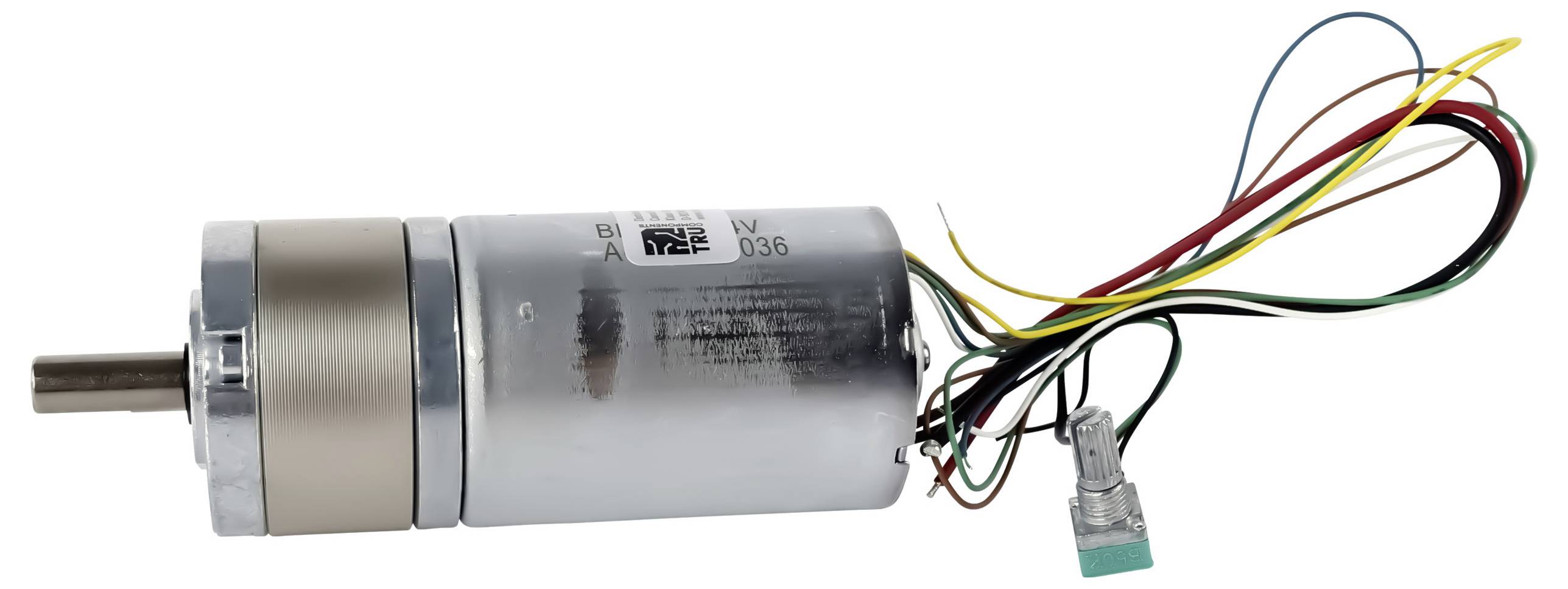 Malý elektromotor s připojenými vícebarevnými vodiči, používaný pro přesné řízení v robotice nebo strojních aplikacích.