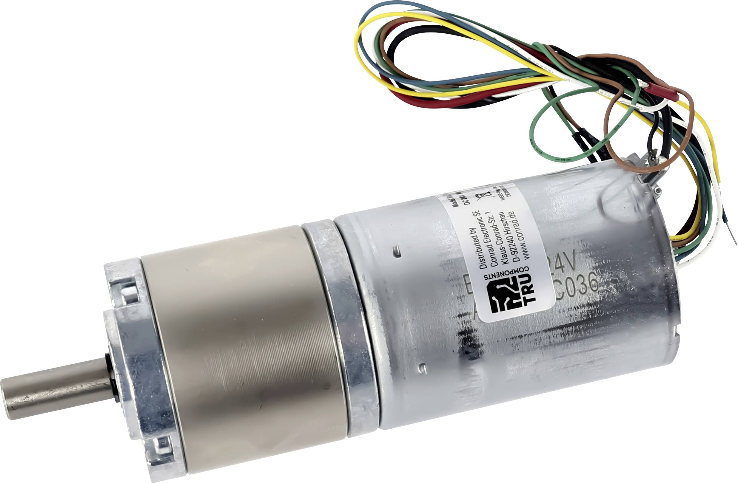 Kartáčový DC motor s připojenými vodiči a štítkem s uvedením specifikací.