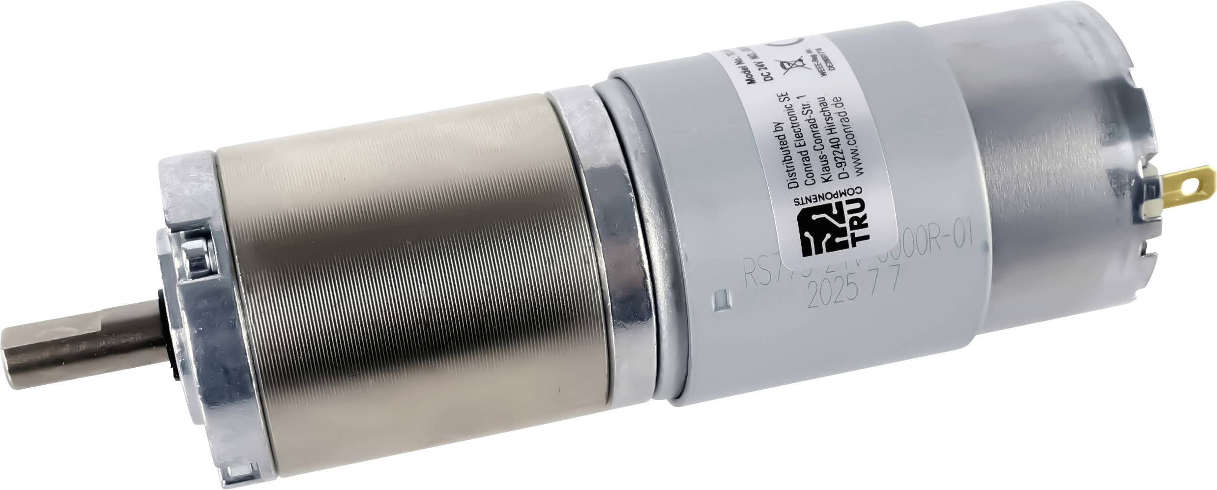 Válcový reduktor s elektromotiorem v kovové skříni, označený 'TRU' a technickými specifikacemi, navržený pro mechanické aplikace.