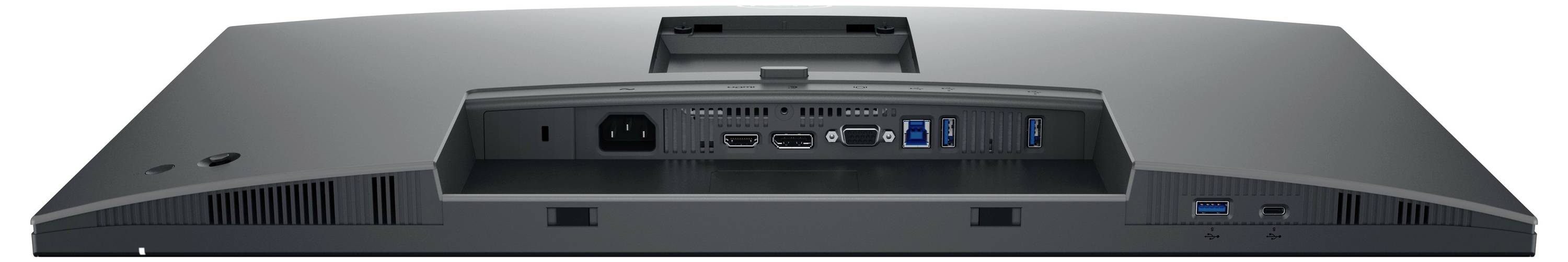 Monitor zezadu ukazuje různé porty, včetně HDMI, USB, DisplayPortů a připojení napájecího kabelu.