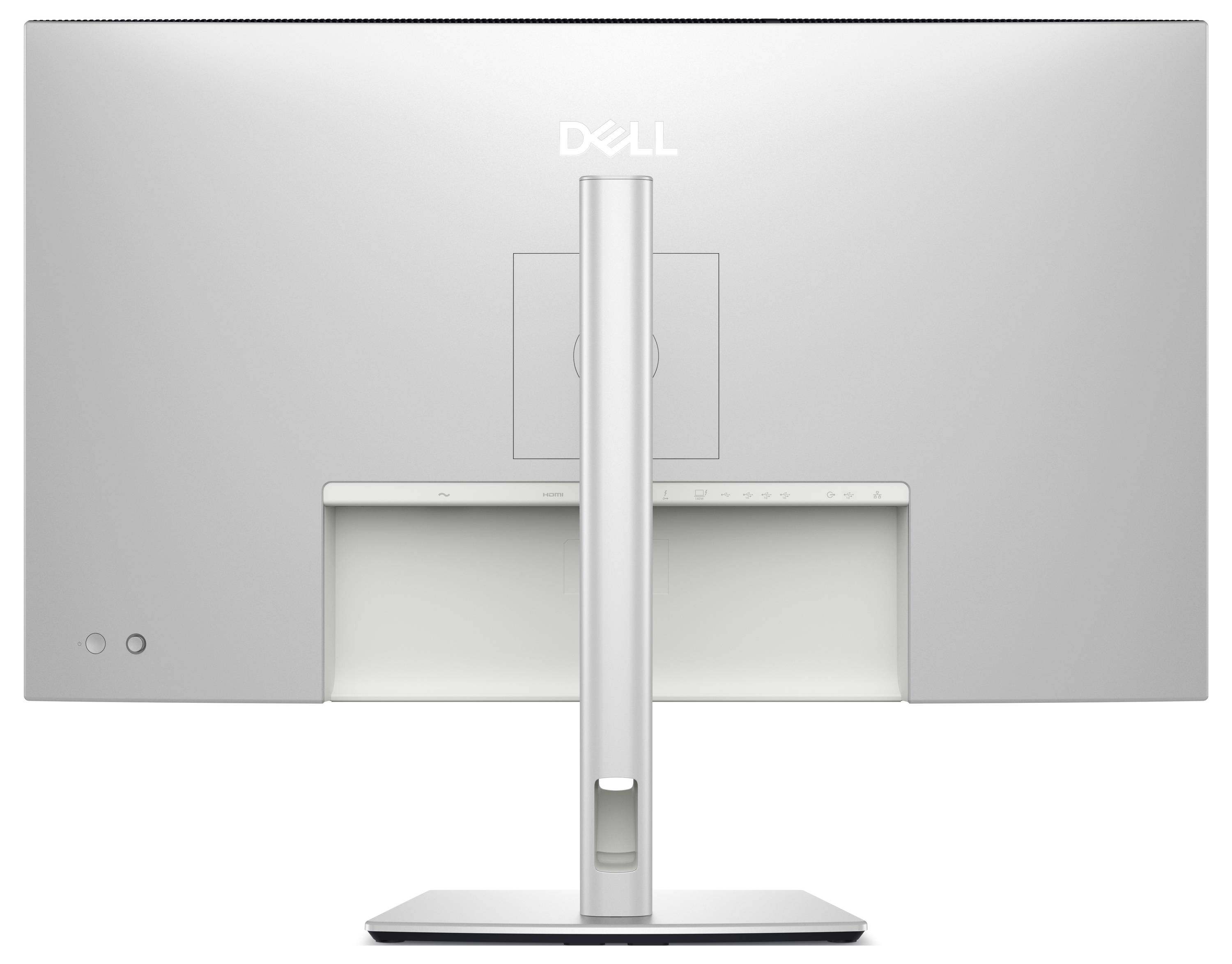 Stříbrný monitor Dell pohledem zezadu s elegantním, moderním designem a nastavitelným stojanem.