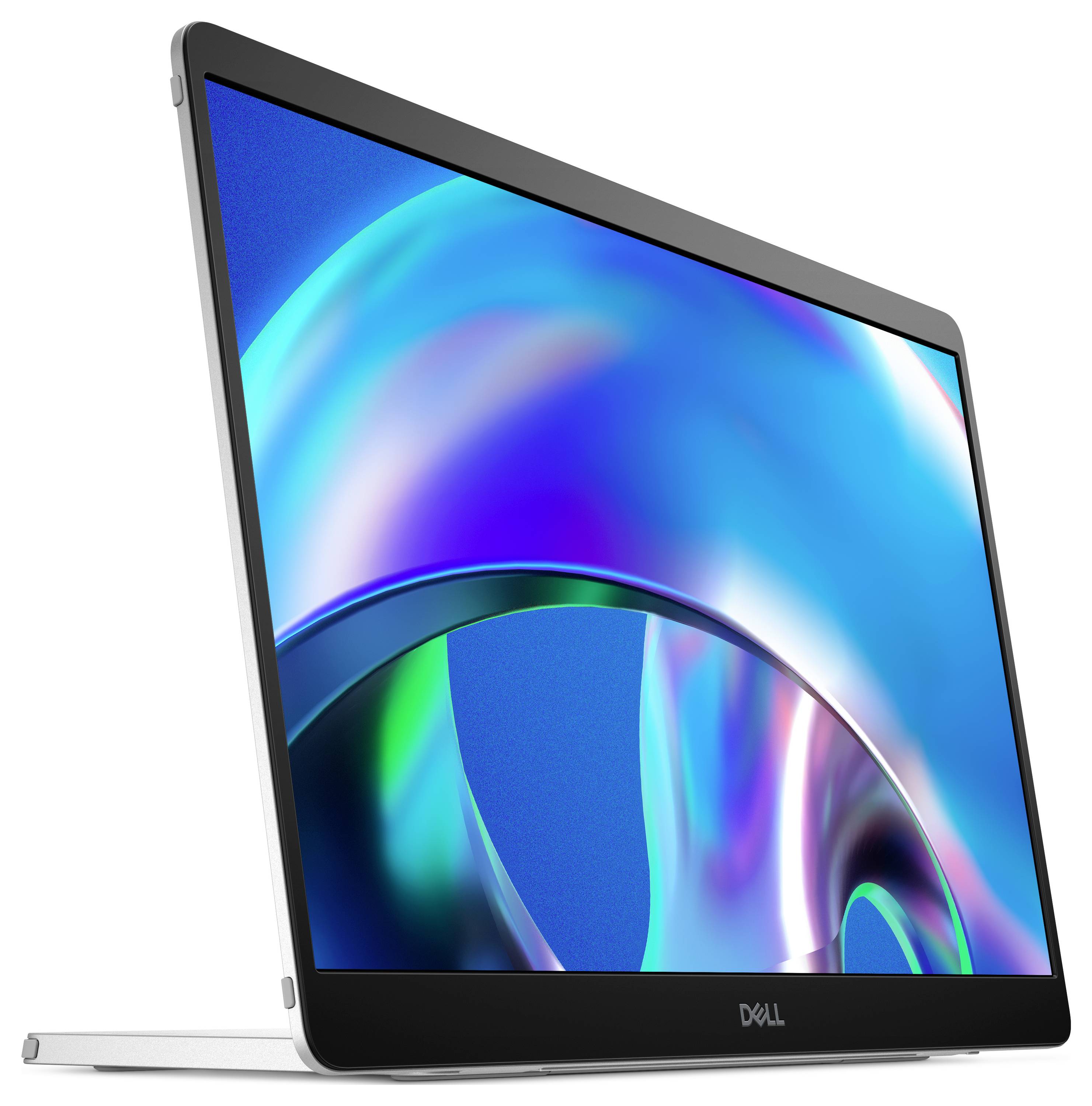 Notebook s elegantním designem pohledem z boku, zobrazující barevný abstraktní obrázek na obrazovce. Černý rámeček s logem dole.