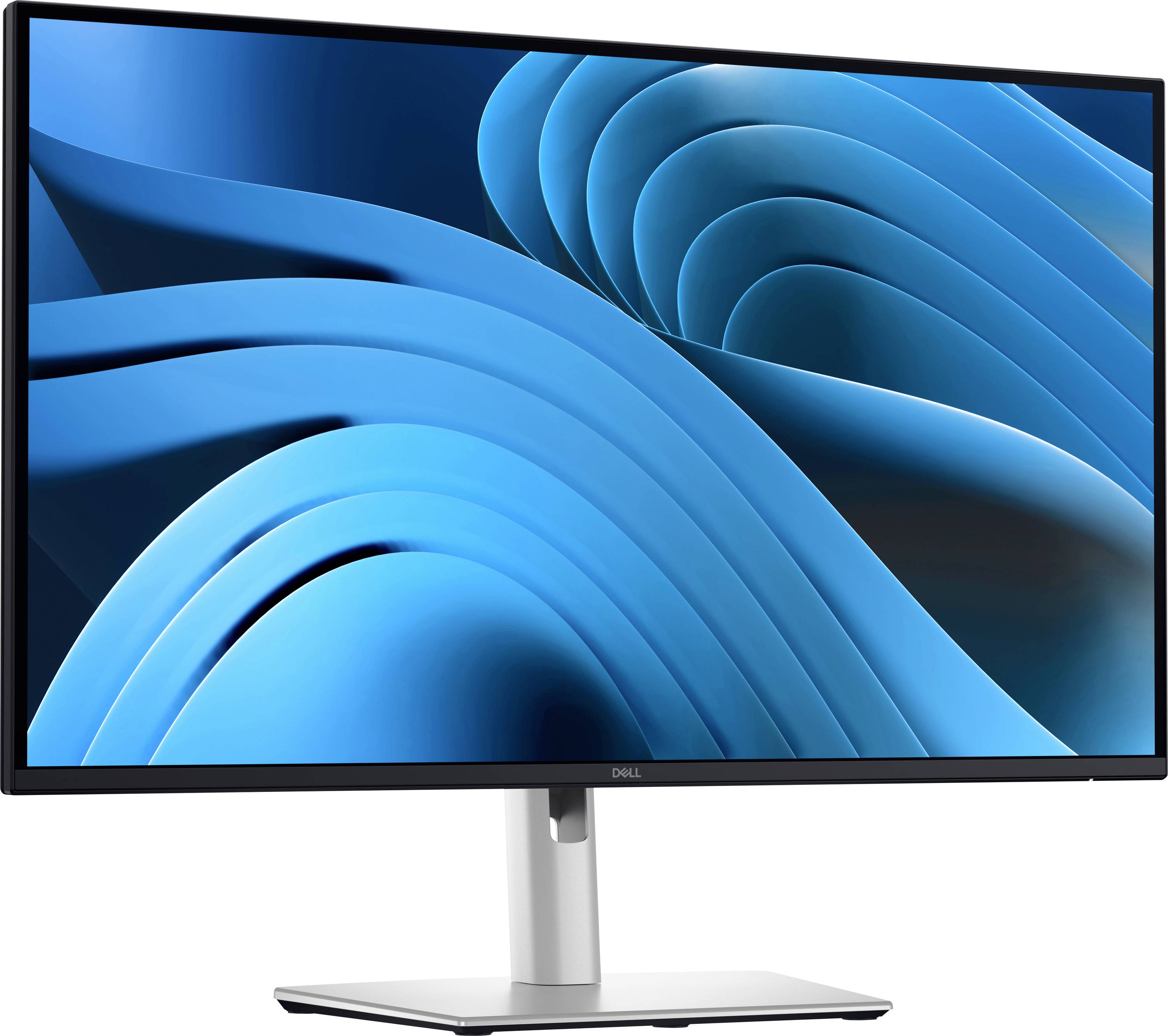 Počítačový monitor zobrazuje abstraktní modré vlnité vzory. Monitor má štíhlý design s černým rámečkem na stříbrném podstavci.