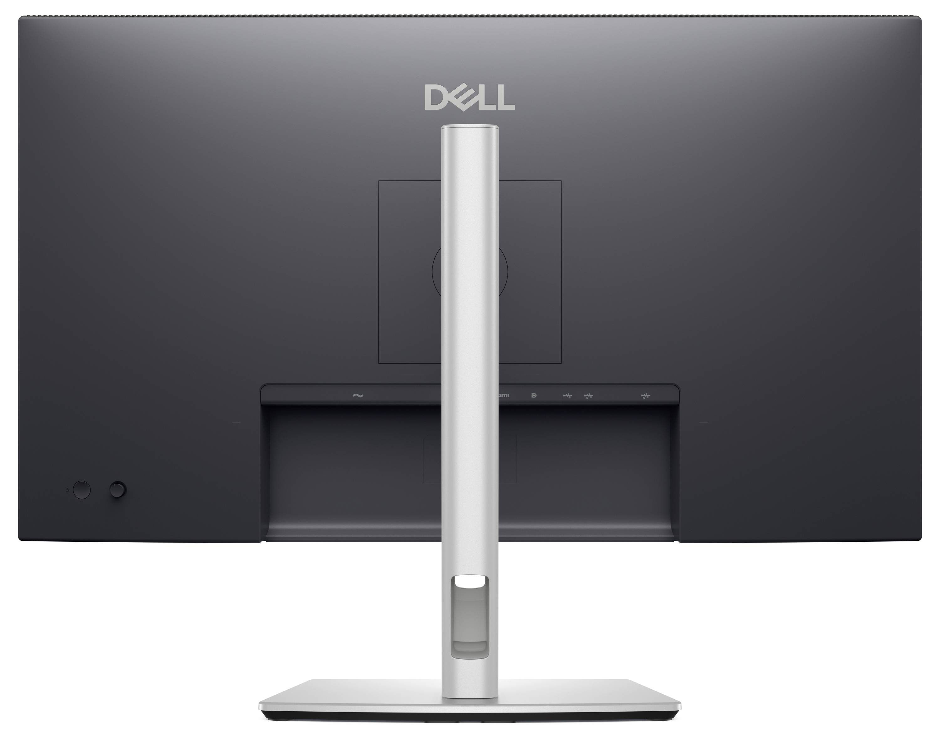 Pohled zezadu na černý monitor Dell se stříbrným stojanem.