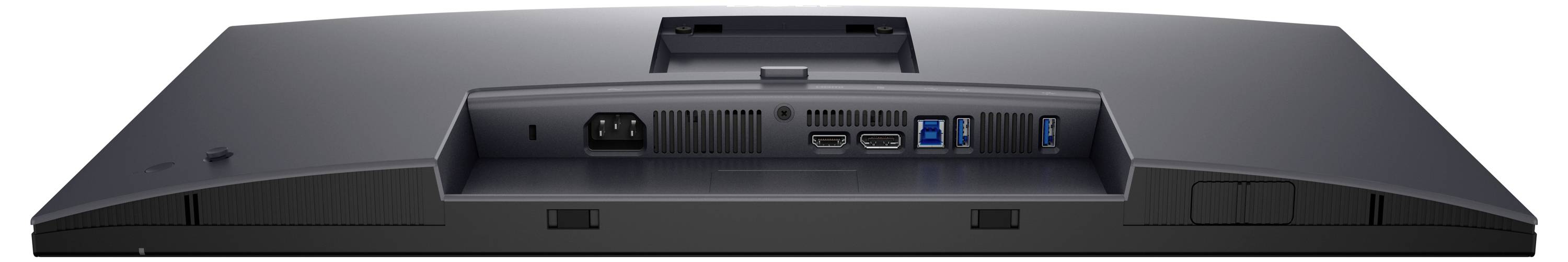 Zadní strana počítačového monitoru s různými porty, včetně napájení, HDMI, DisplayPort a USB konektorů.