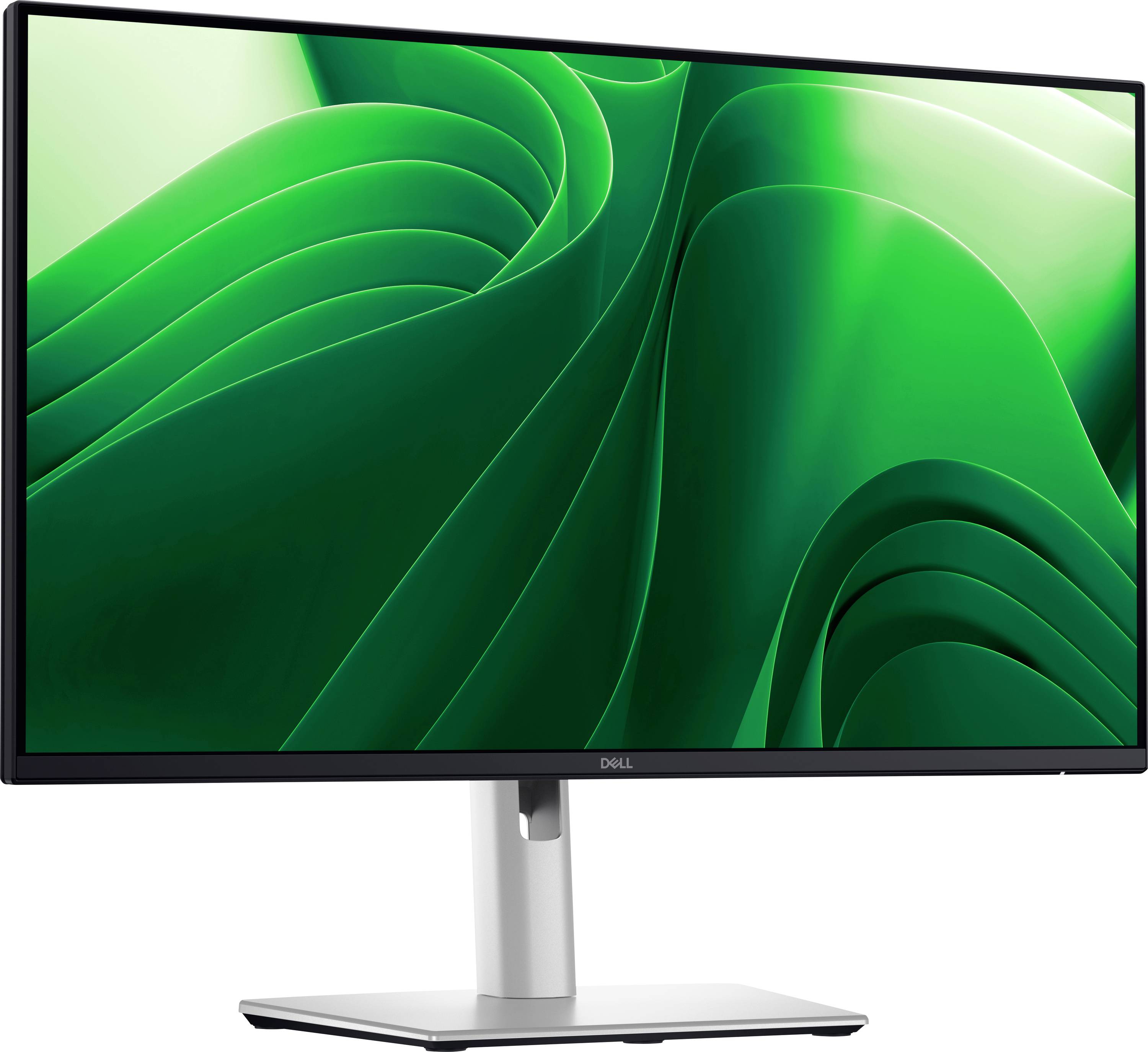 Dell monitor s panoramatickou zelenou tapetou. Monitor je umístěn na stříbrném podstavci.