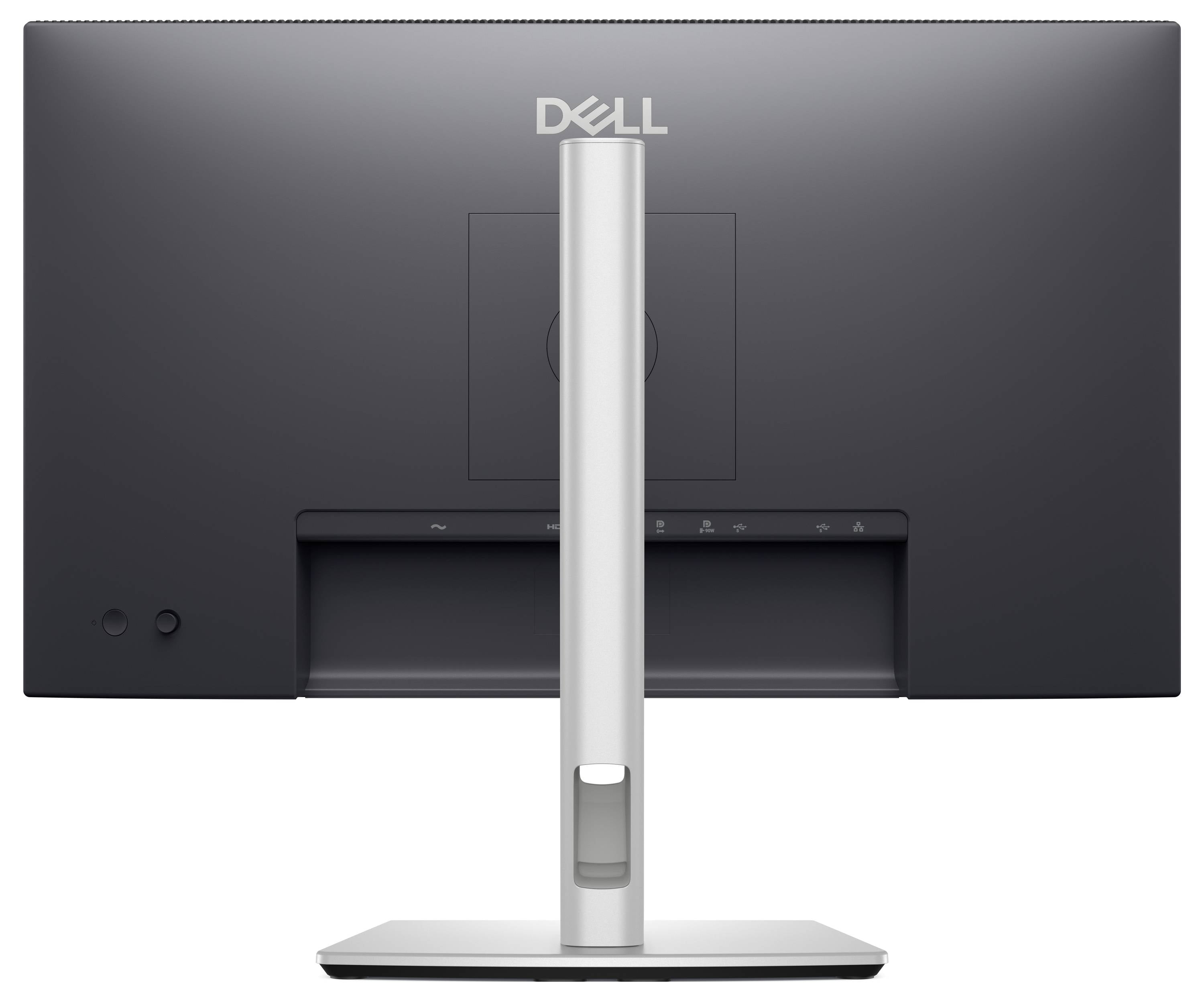 Zadní strana Dell monitoru ukazuje štíhlý design se stříbrným stojanem a konektory na zadní straně.