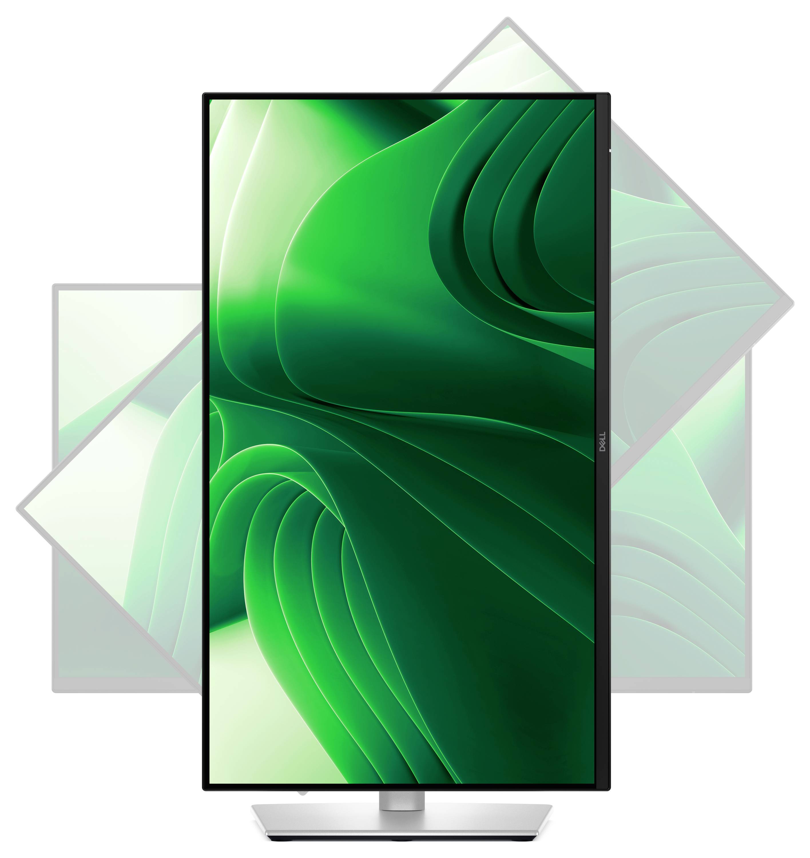 Vysoce rozlišený monitor zobrazuje stylizované zelené pozadí se zvlněnými liniemi, orámované moderním stojanem.