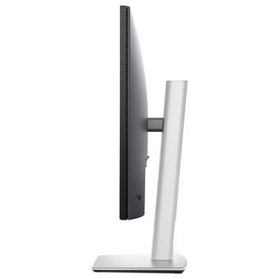 Tenký monitor zobrazený z boku s elegantním, zaoblenným stojanem, který odráží moderní design.