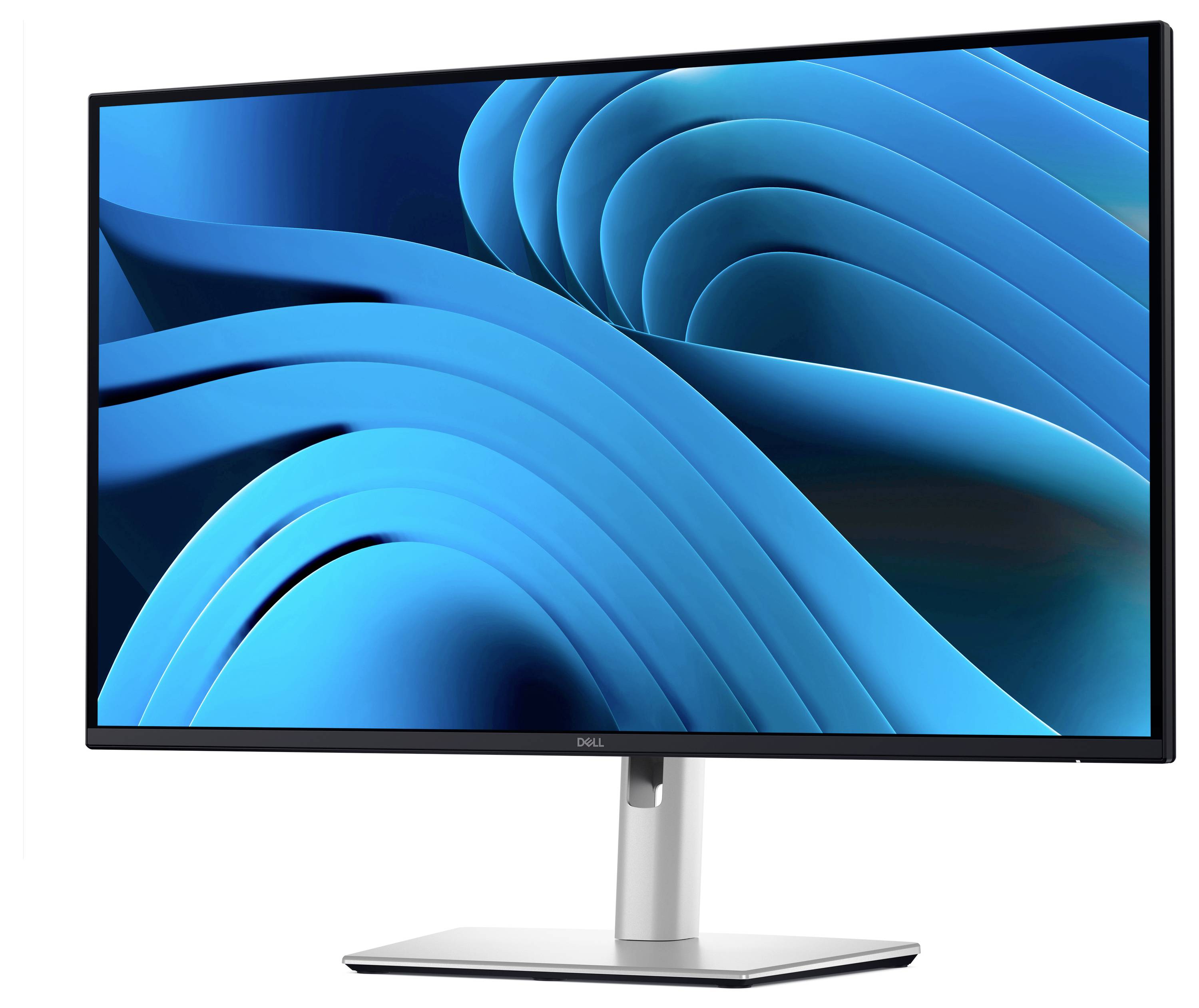 Černý plochý monitor s moderním modrým vzorem na pozadí stojí na stříbrném stojanu.