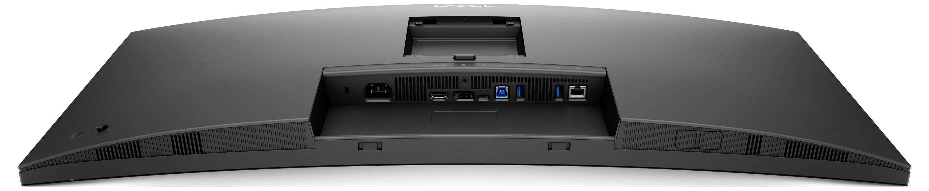 Zadní pohled na zakřivený počítačový monitor s několika konektory, včetně HDMI, USB a síťové napájecí zásuvky.