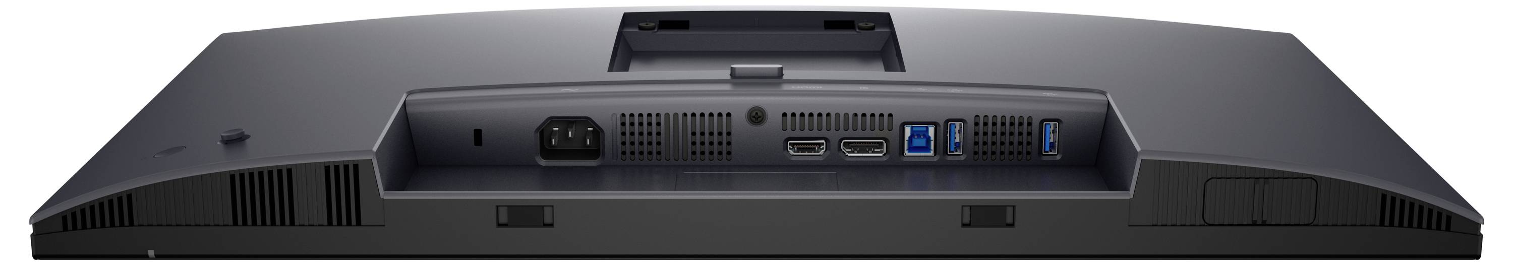 Zadní pohled na počítačový monitor s viditelnými přípojkami: napájecí konektor, dva HDMI porty, jeden DisplayPort a dva USB porty.