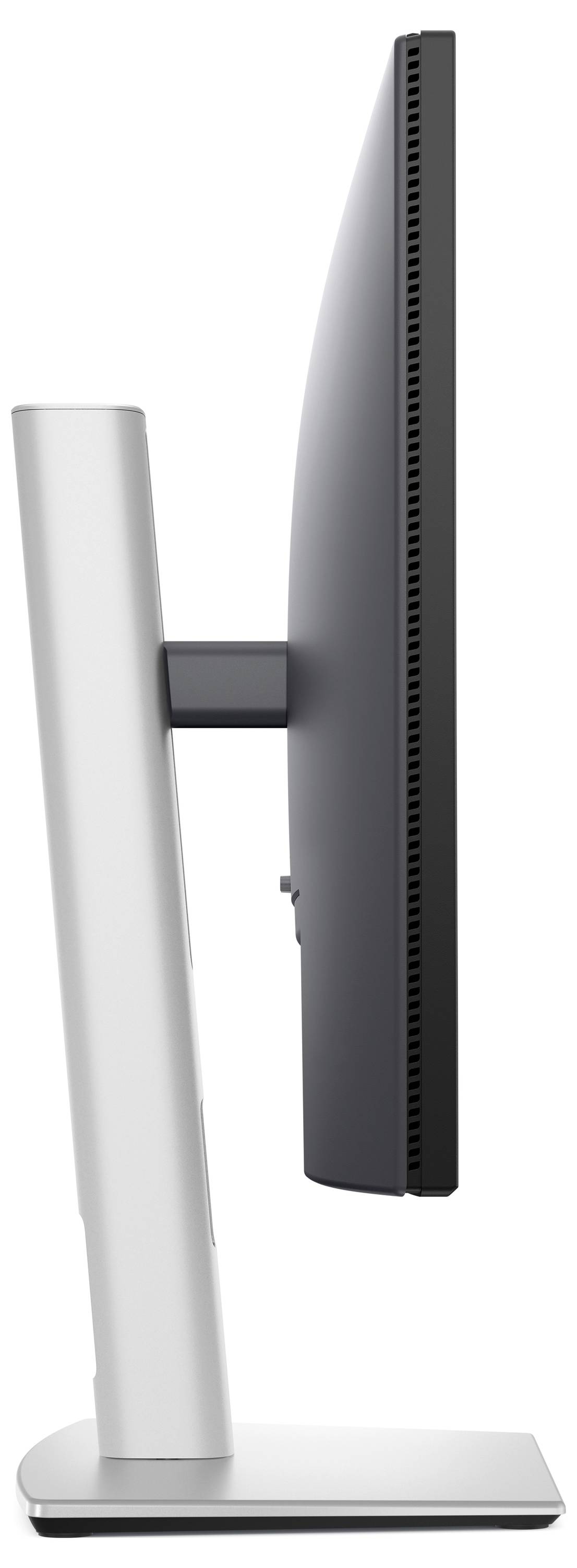 Počítačový monitor umístěný na boku stojanu, černý s úzkým rámečkem, vykazuje štíhlý a moderní design.