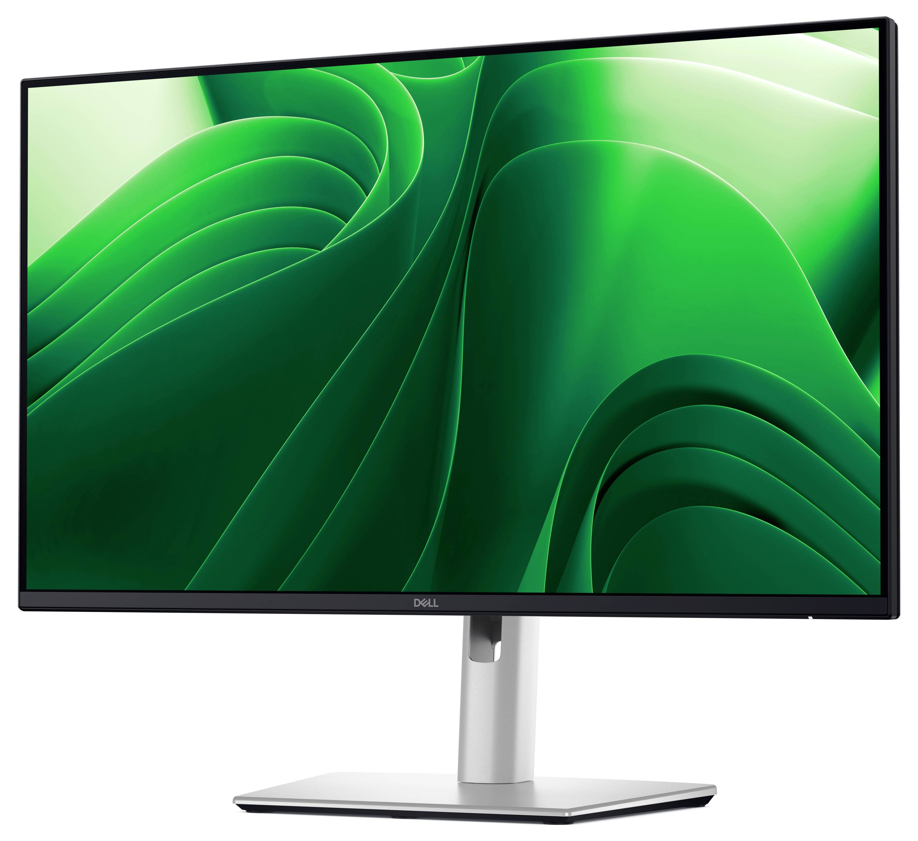 Monitor s úzkým rámečkem zobrazuje abstraktní pozadí v zářivě zelených tónech.