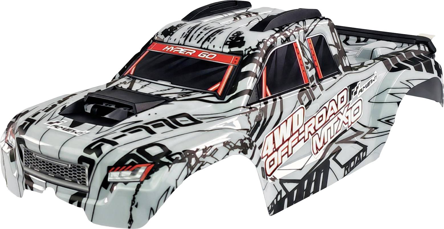 Model auta s šedým, černým a červeným lakem, označený štítkem '4WD Off-Road Nitro'. Má sportovní design.