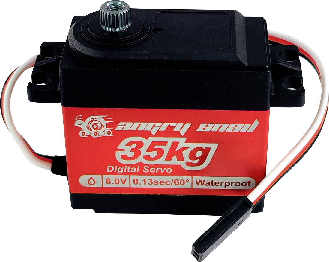 Servomotor Angry Snail 35kg digitální v černé a červené barvě, 6,0V, 0,13 sec/60°, voděodolný, včetně kabeláže a konektoru.