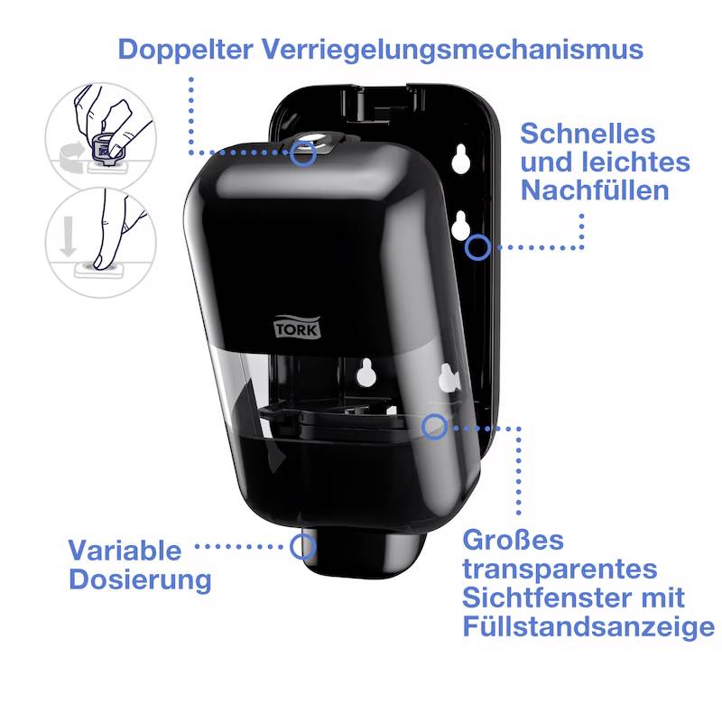 Dárce vykazuje 'Dvojitý uzamykací mechanismus', 'Rychlé a snadné doplňování', 'Variabilní dávkování', 'Velké transparentní průhledové okénko s indikátorem hladiny'.