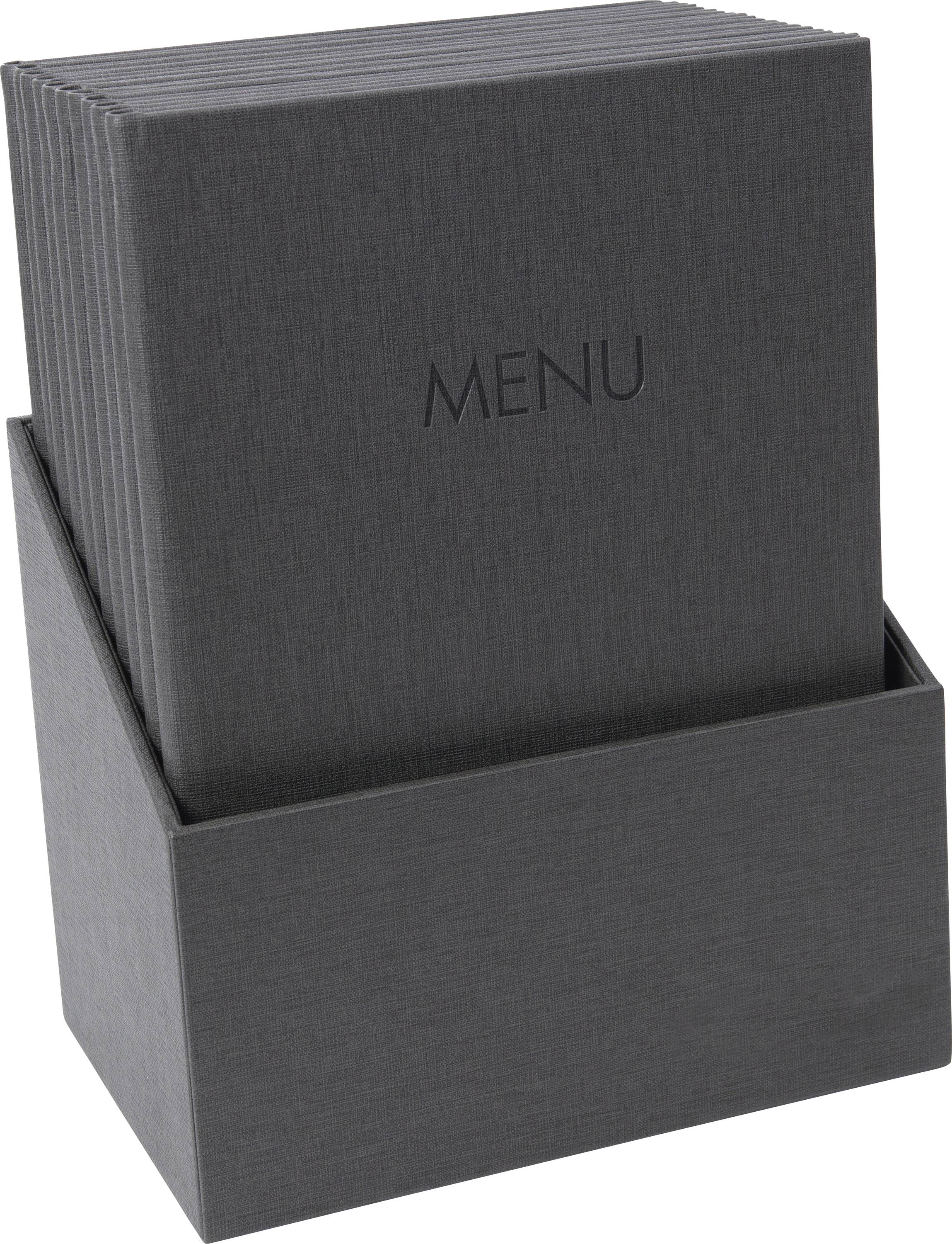 Krabice s několika tmavými menu složkami označenými nápisem 'MENU'. Ideální pro restaurační nebo eventové prostory.