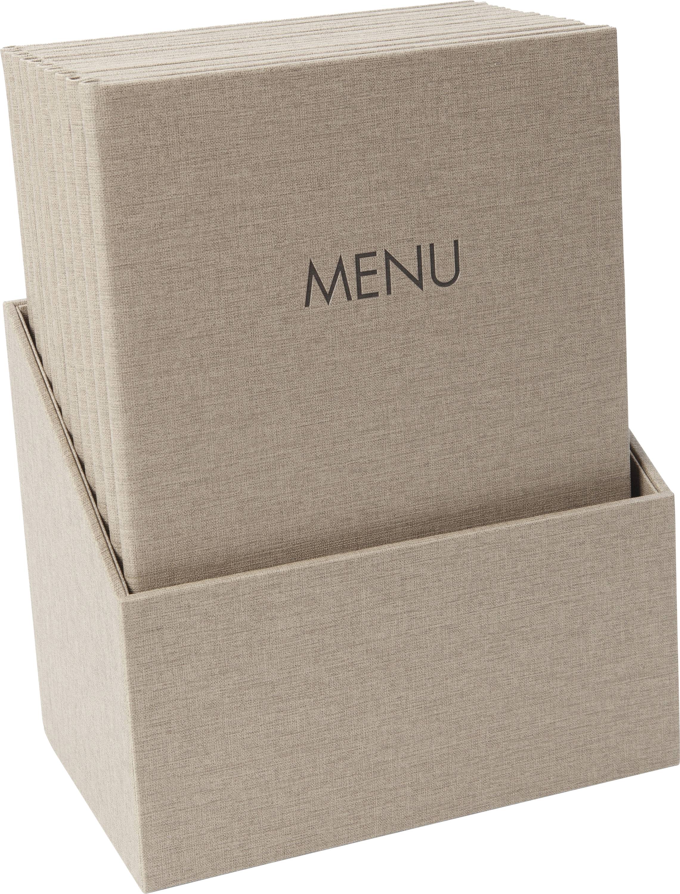 Několik jídelních lístků je umístěno v béžovo-šedém stojanu. Na přední straně horního lístku je napsáno 'MENU'.