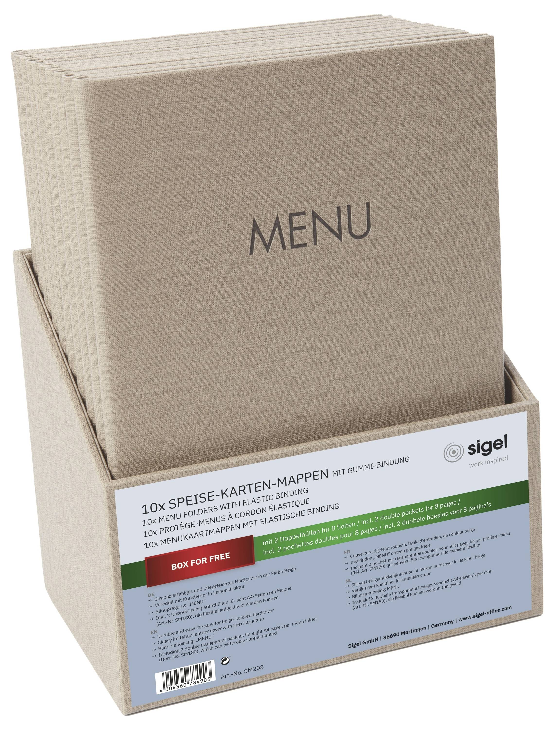 Béžové složky menu v krabici s označením "10x Speisekarten-Mappe" a "BOX FOR FREE".