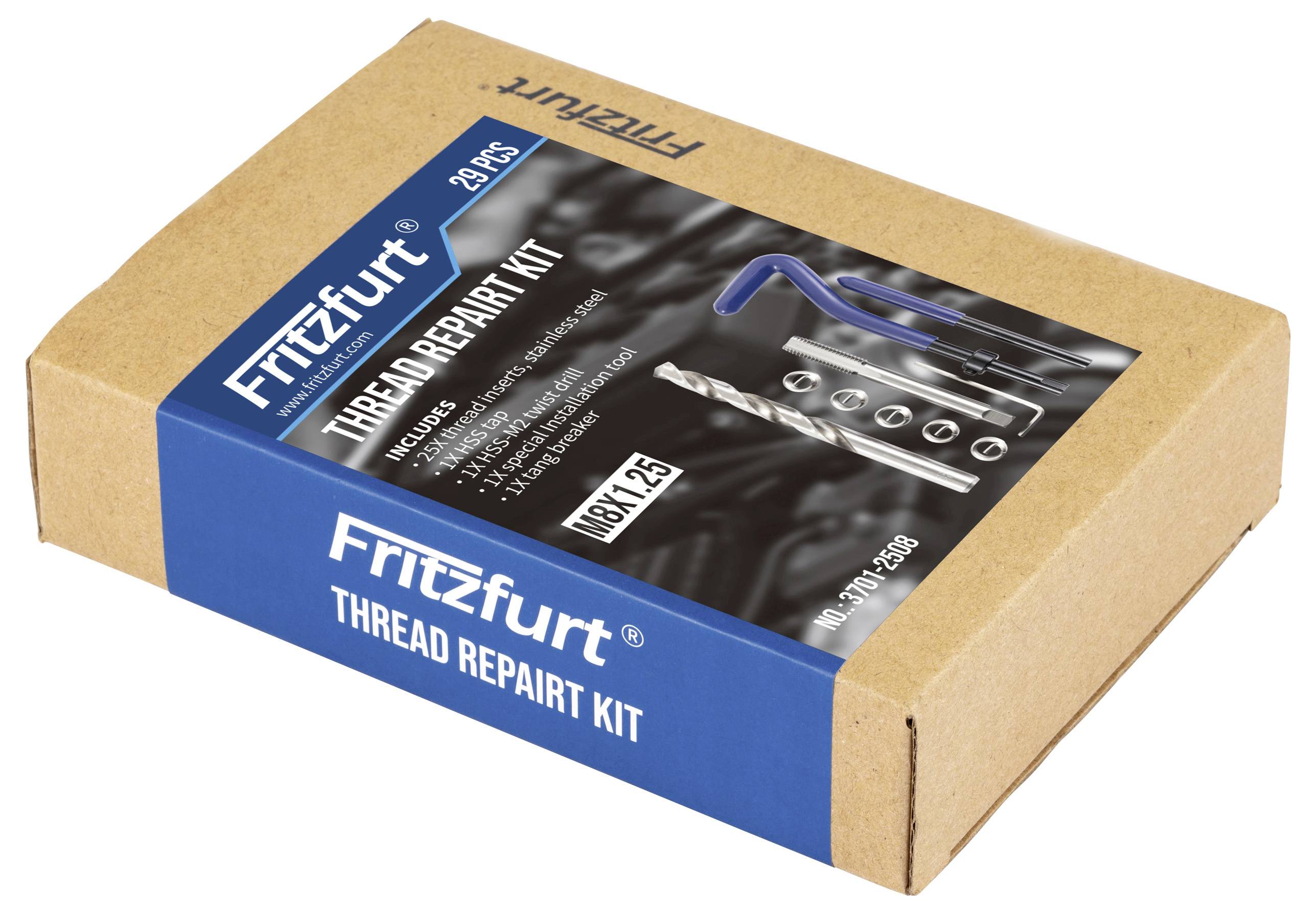 Krabice „Fritzfurt Thread Repair Kit", obsahuje 25 kusů. Obsahuje velikosti závitových vložek, vrták, závitník, instalační nástroj a nástroj pro zlomení jazyka.