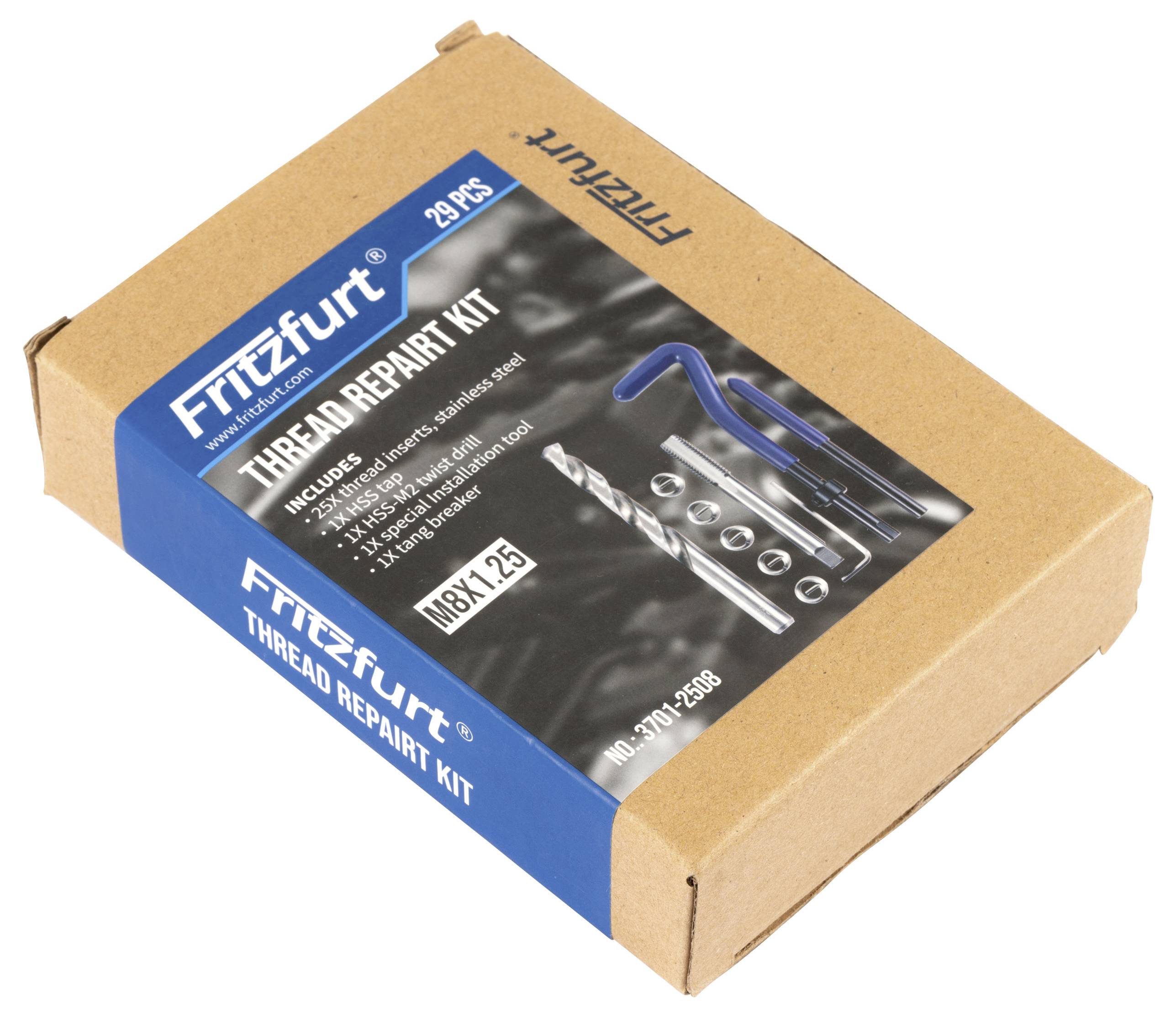 Krabice 'Fritefurt Thread Repair Kit' označená 'M8x1.25' s obsahem: kohoutek, vrták, vložky, instalační nástroj a nástroj na oddělení.