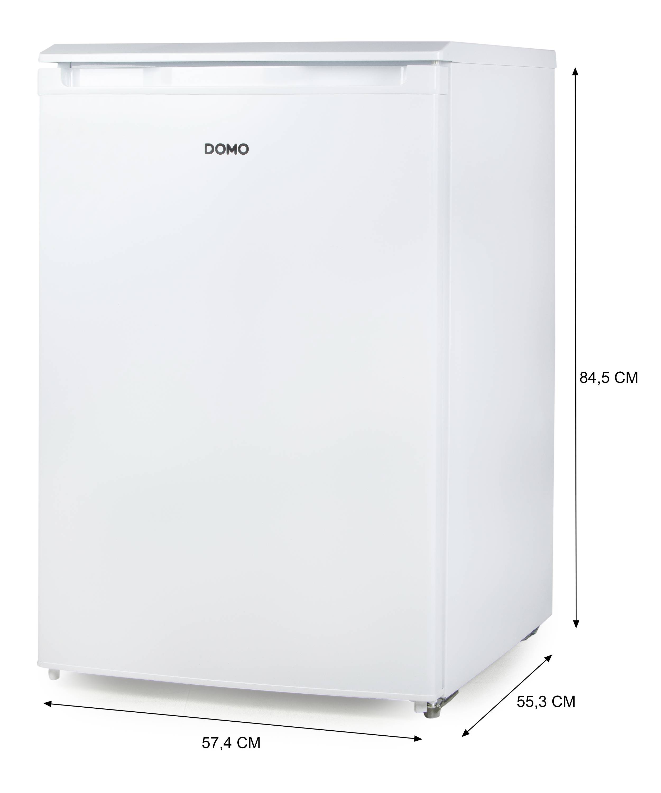 Bílá lednice o rozměrech 84,5 cm výšky, 57,4 cm šířky a 55,3 cm hloubky.