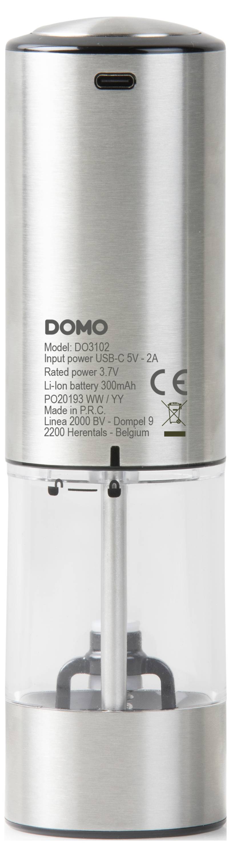 Elektrický mlýnek na pepř z nerezové oceli s průhlednou nádobkou na pepřová zrna a viditelným mechanismem provozu.